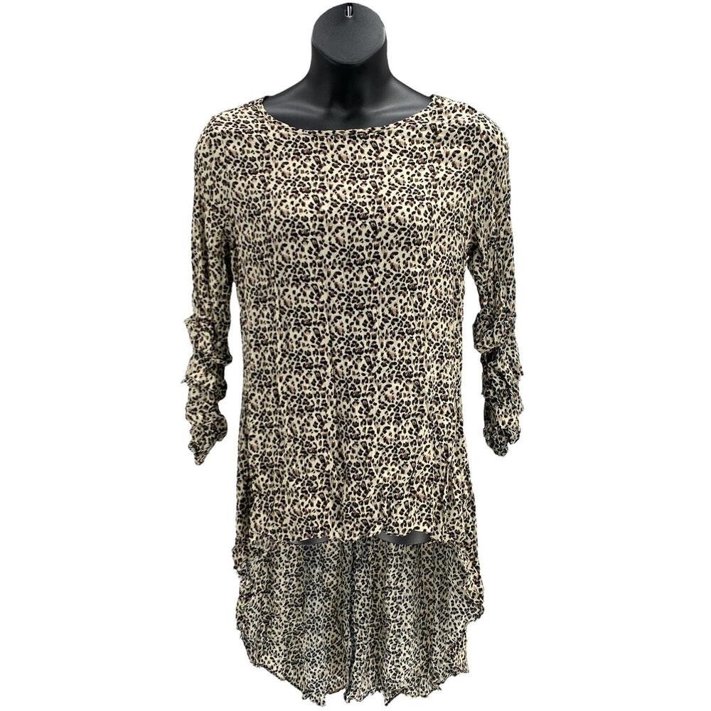 Truth + Style Printed Woven Crepe Hi-Low Hem Tunic Brown Animal - Petite